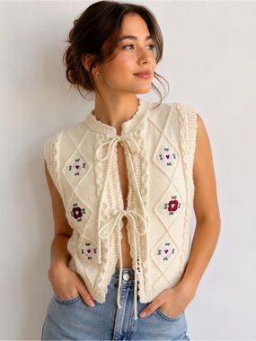 Cloud Ten Cream Embroidered Sweater Vest Tie Front Cottagecore Floral Size M